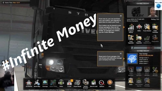 ETS2 1.55 - Бесконечные деньги и опыт